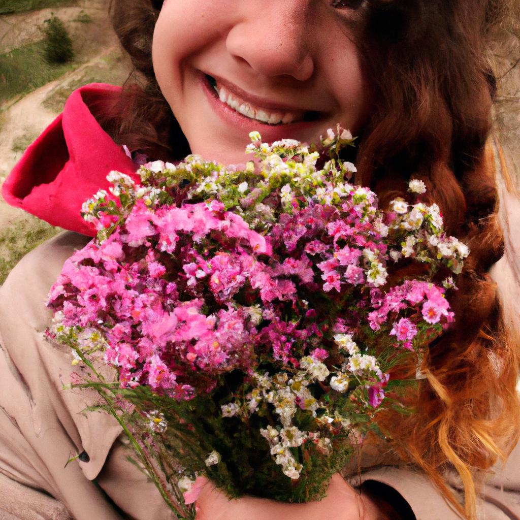 Person holding a bouquet, smiling