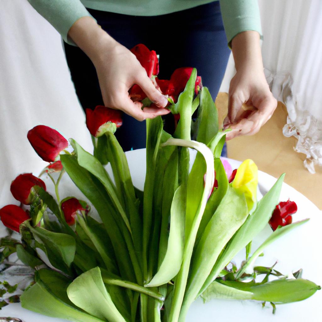 Person arranging tulip bouquet