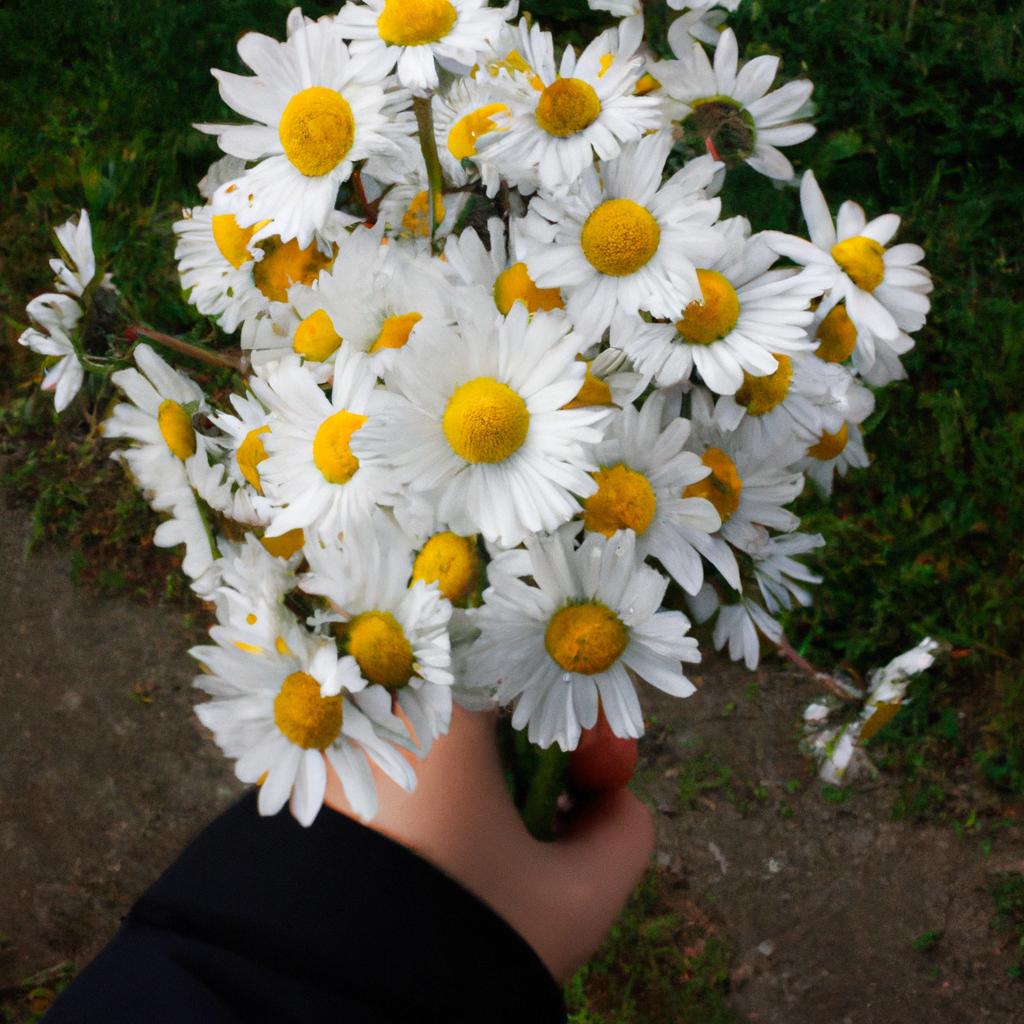 Person holding a bouquet of daisies
