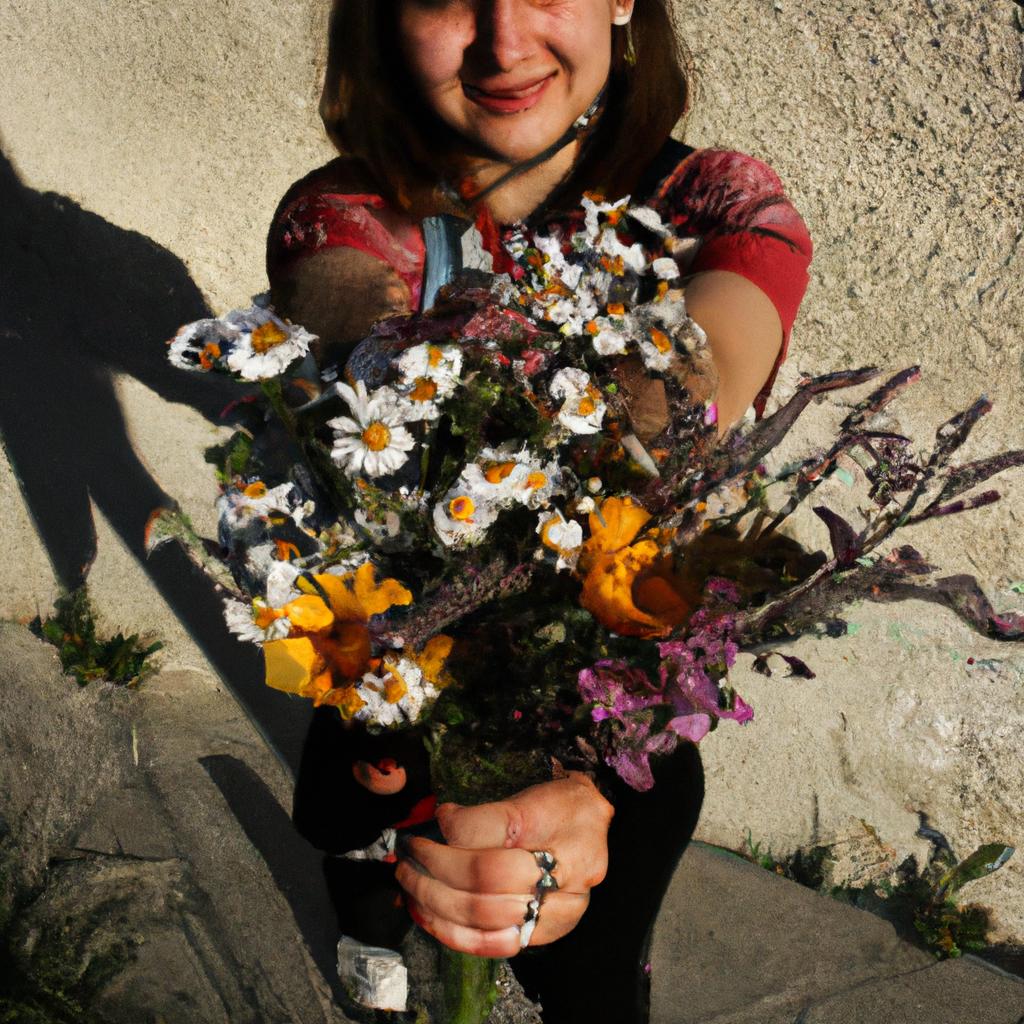 Person holding a bouquet, smiling