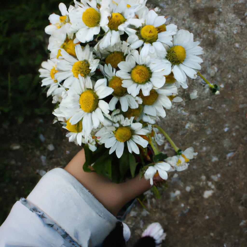 Person holding bouquet of daisies