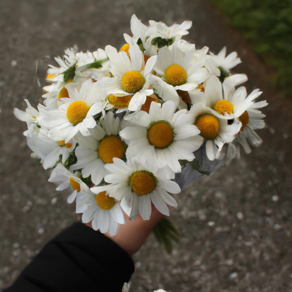 Person holding a bouquet of daisies