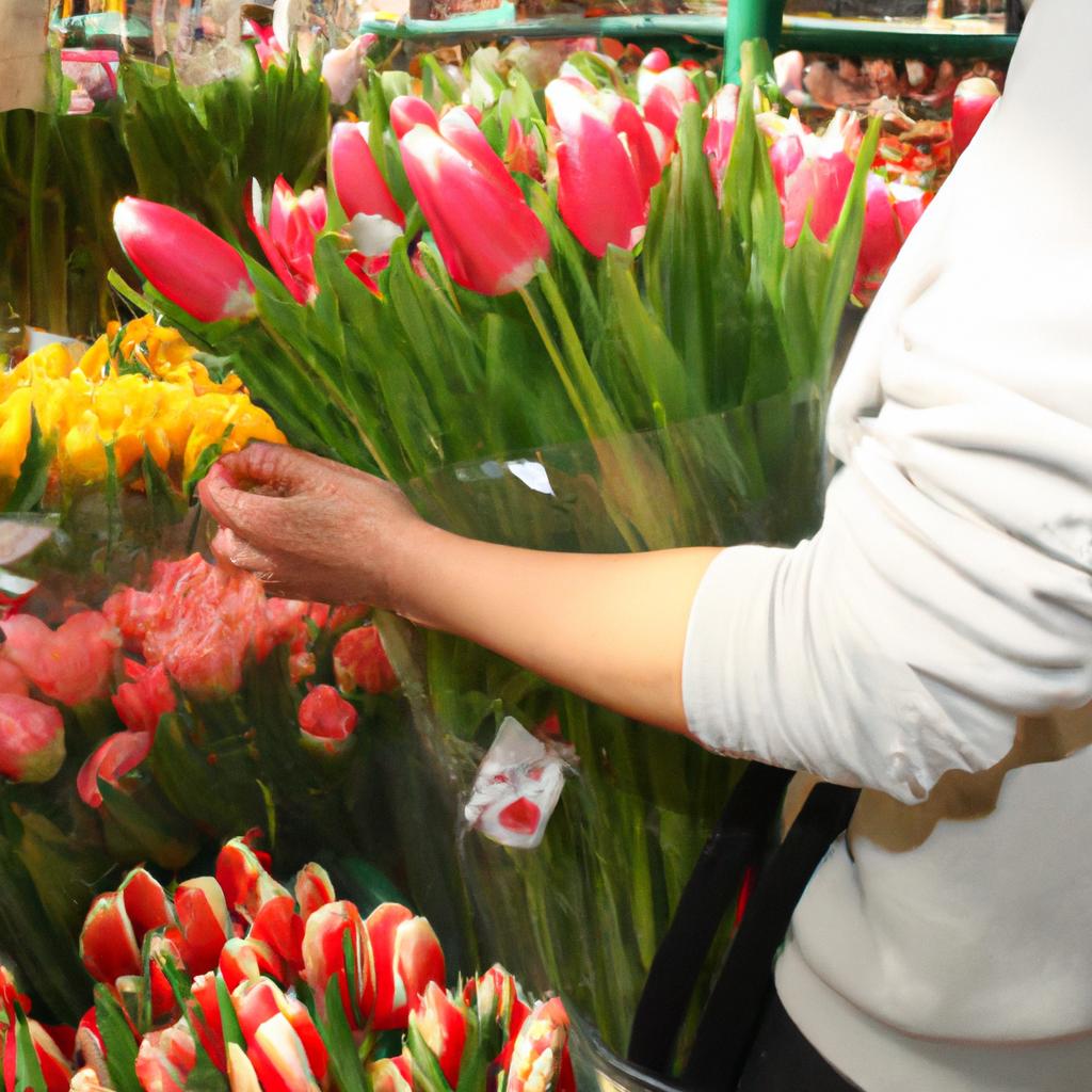 Person selecting tulips at store