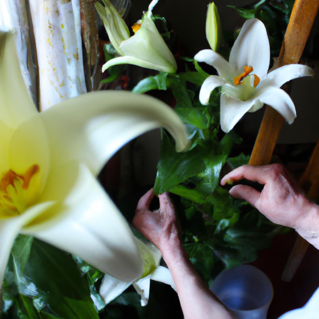 Person tending to indoor lilies