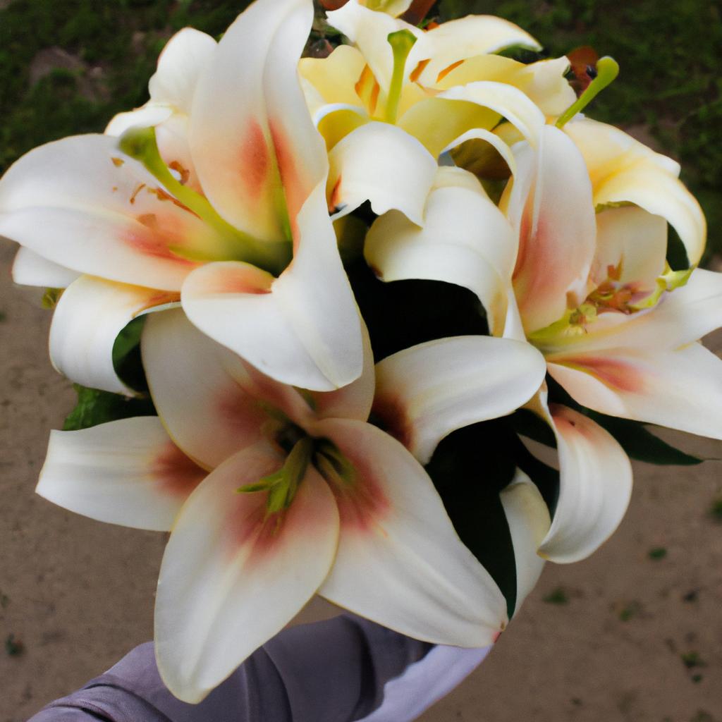 Person holding bouquet of lilies