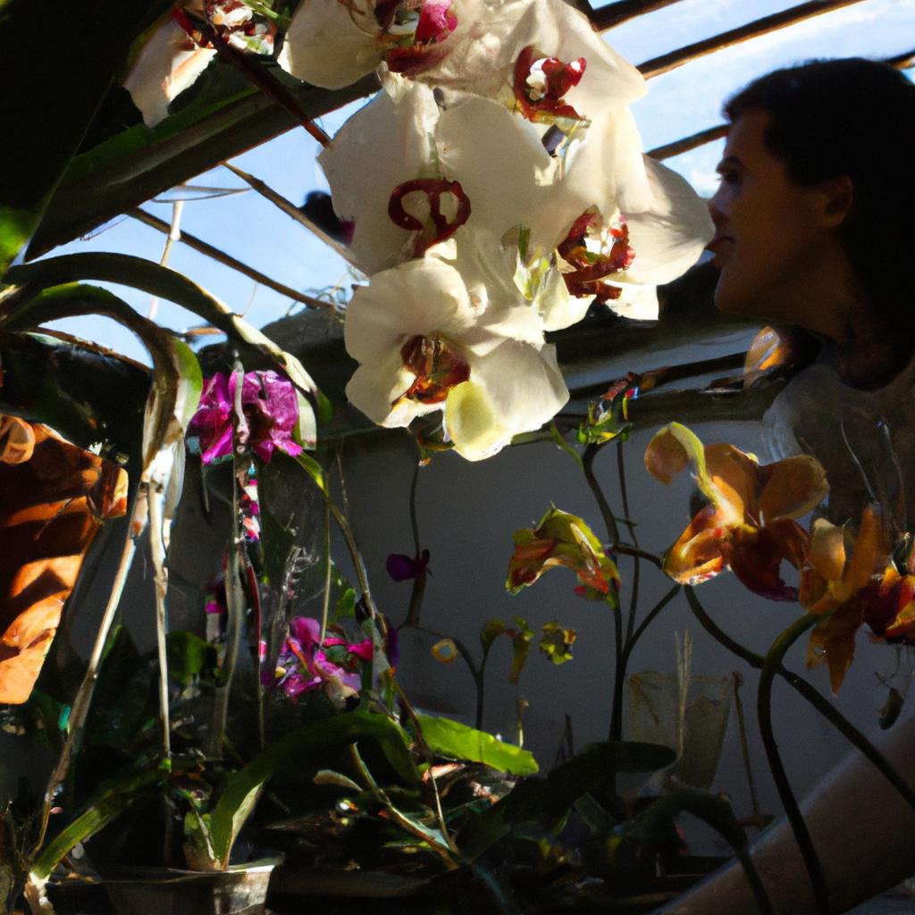 Person admiring blooming orchids