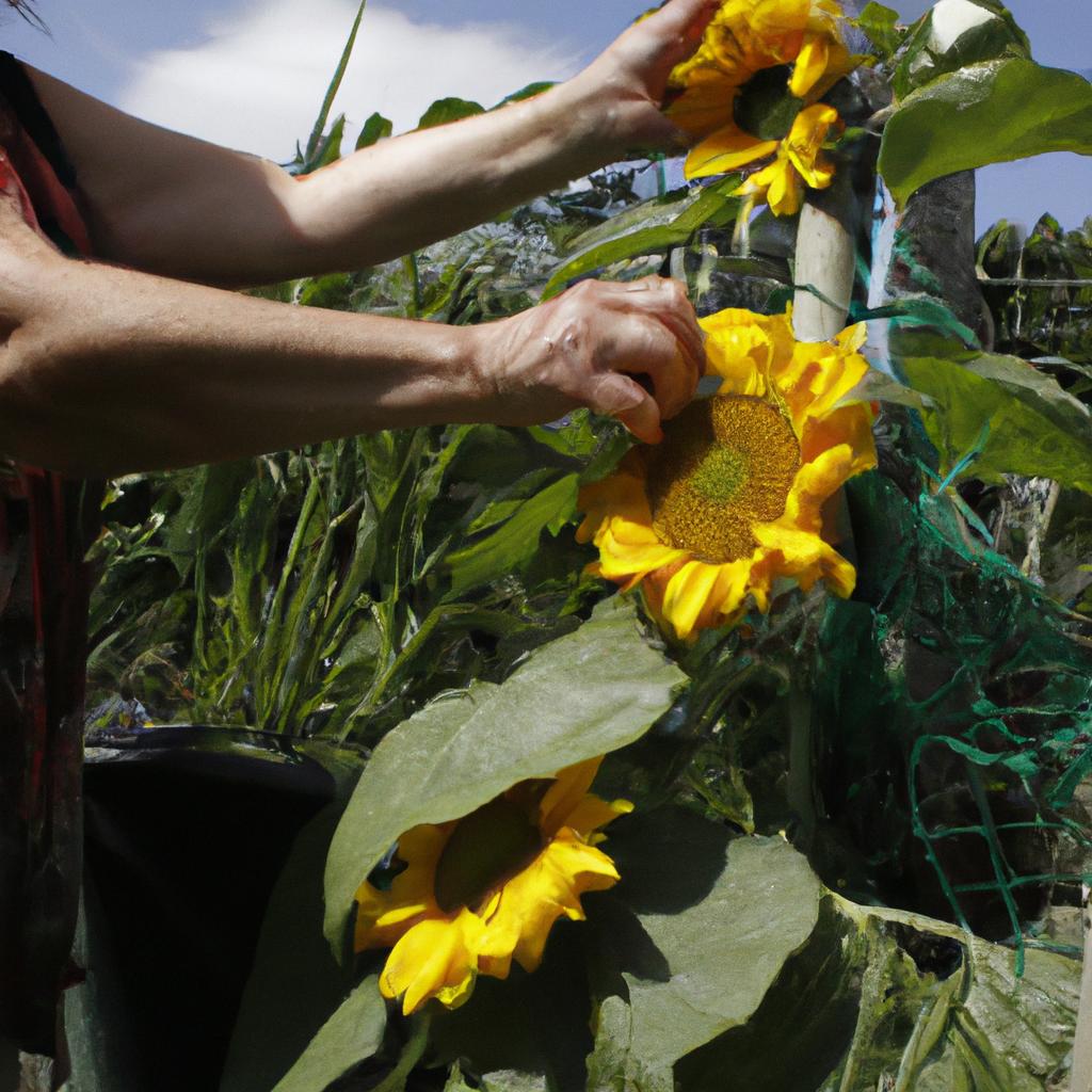 Person tending to sunflowers