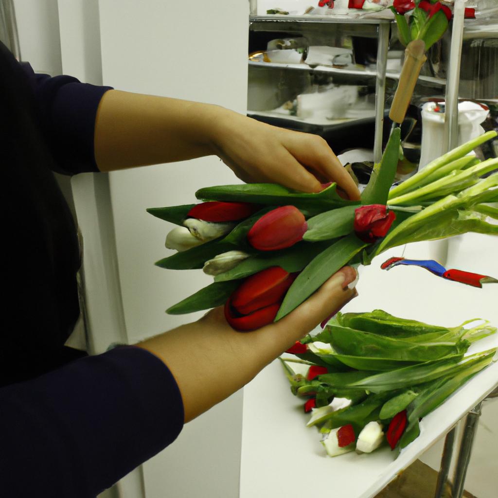 Person arranging tulips at shop