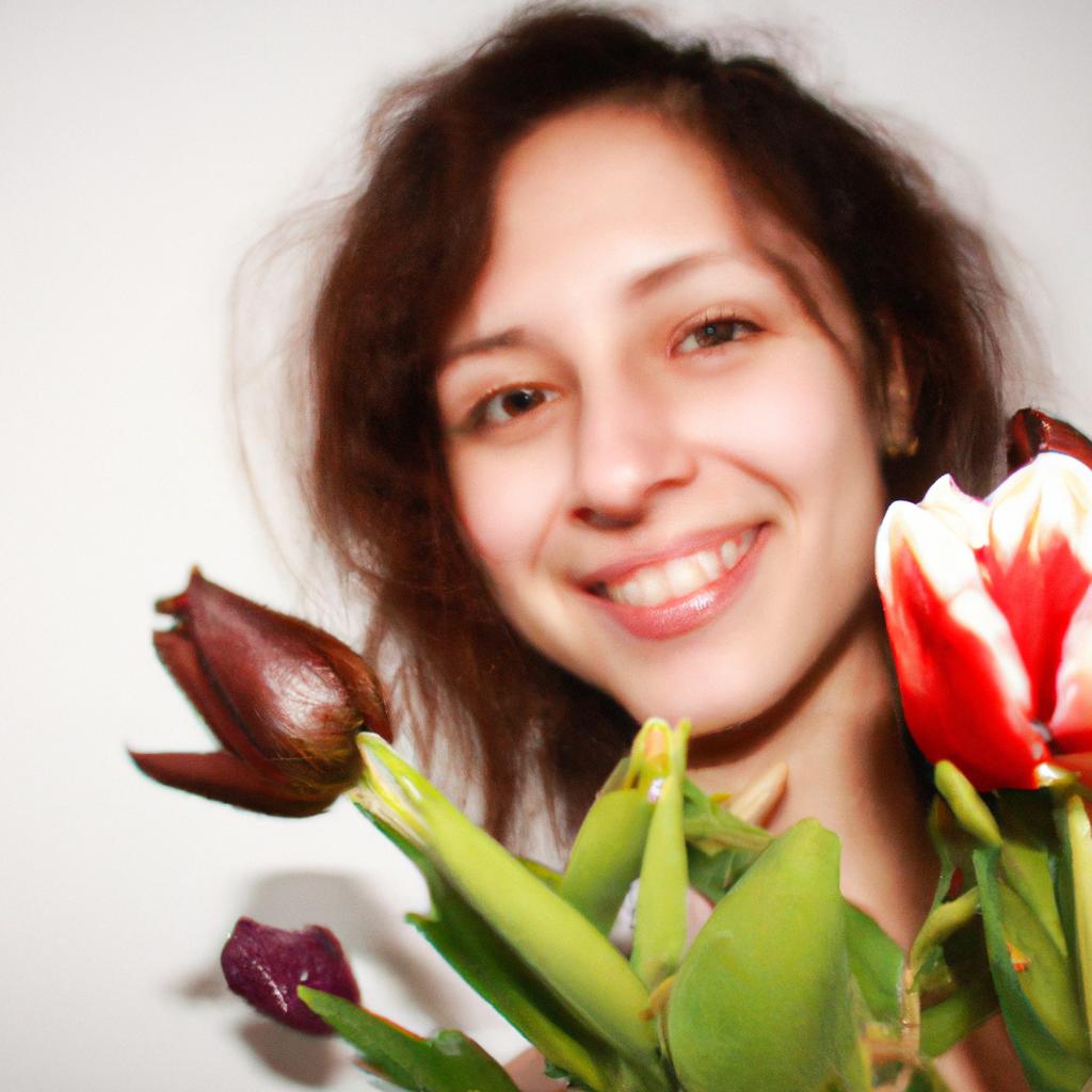 Person holding tulips, smiling