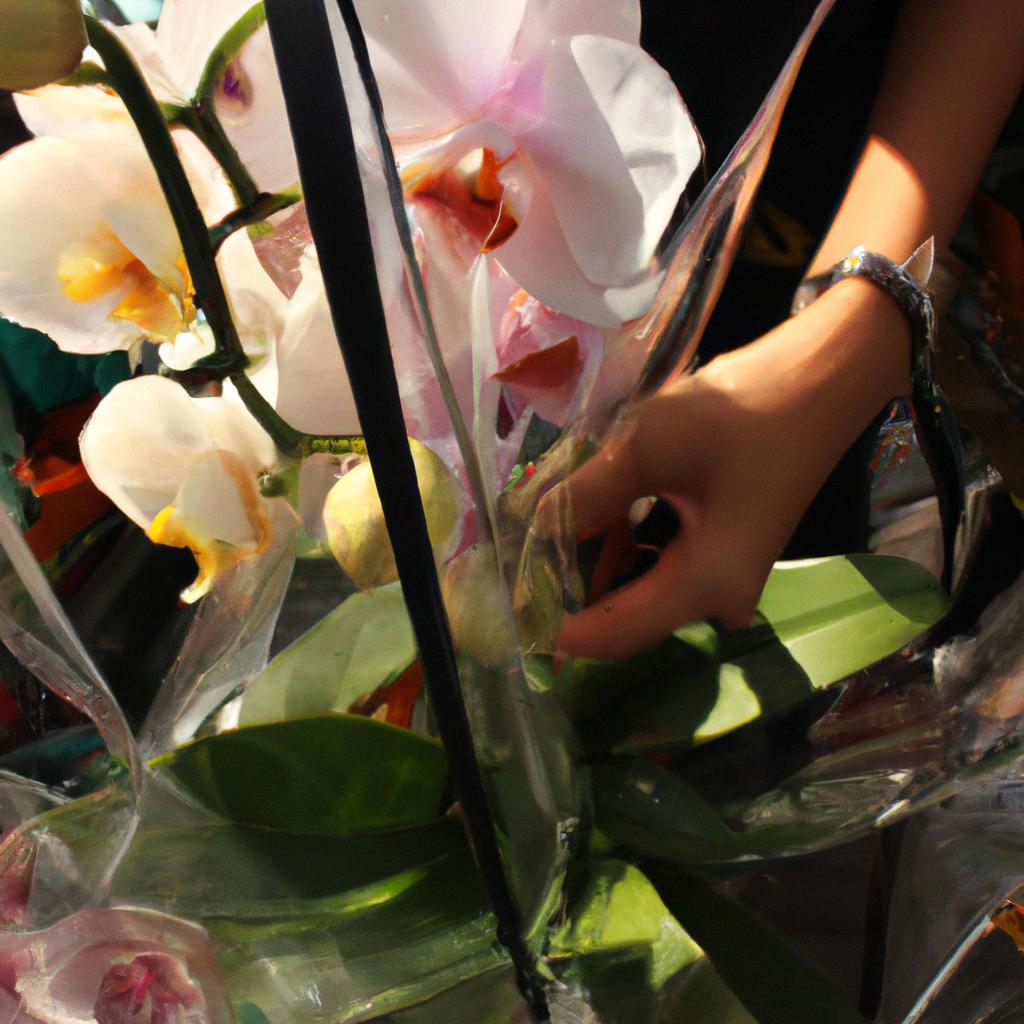 Person holding orchids while shopping