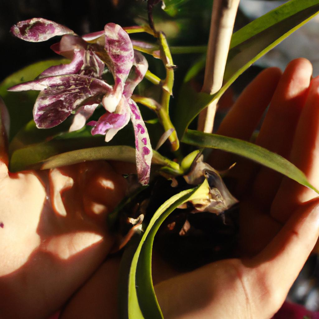Person holding an orchid plant