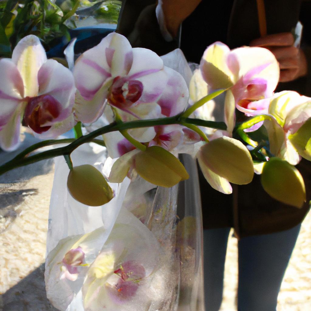 Person holding orchids while shopping