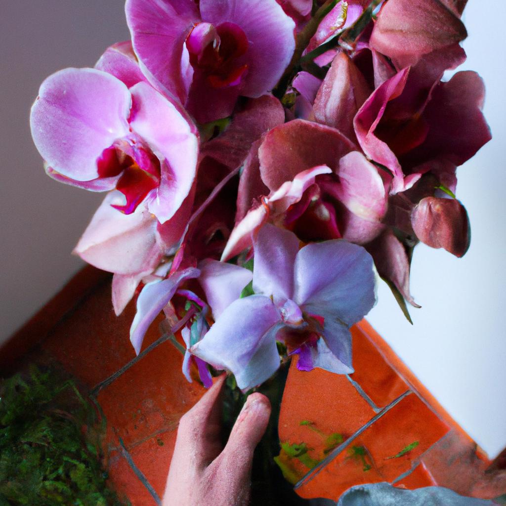 Person holding an orchid bouquet